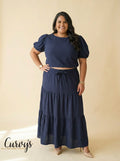 Navy Skirt Set - crop top puff sleeves and tiered maxi skirt