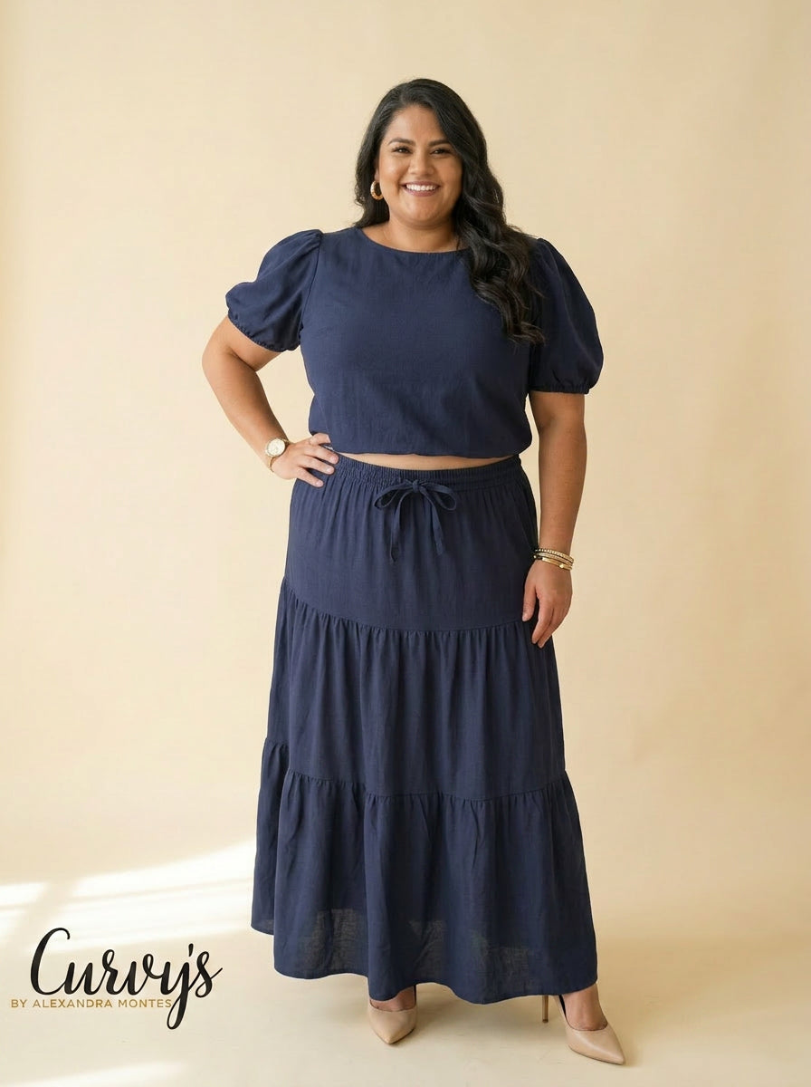 Navy Skirt Set - crop top puff sleeves and tiered maxi skirt