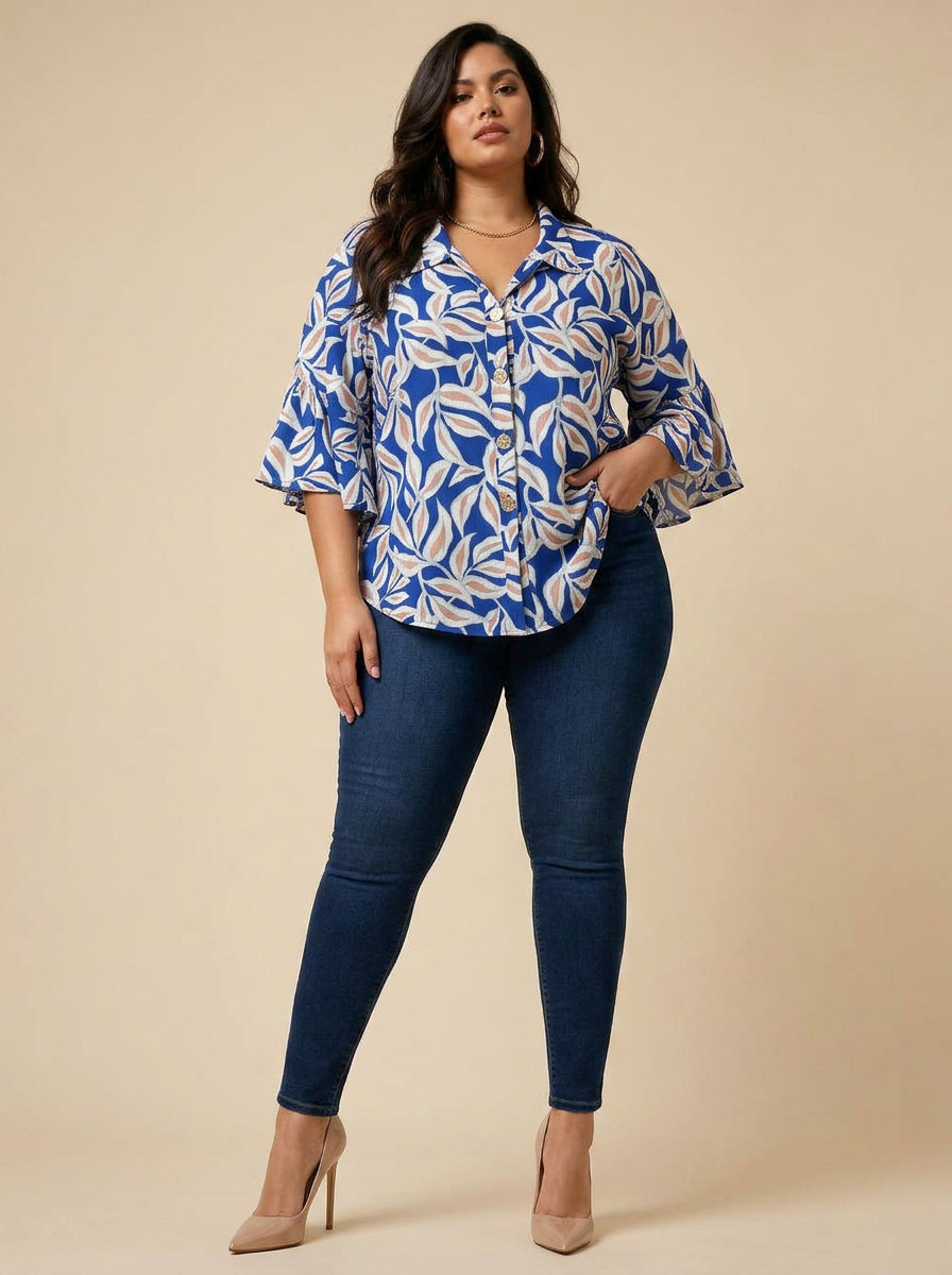 Blue Leaf Print Bell Sleeve Blouse with Gold Buttons - front
