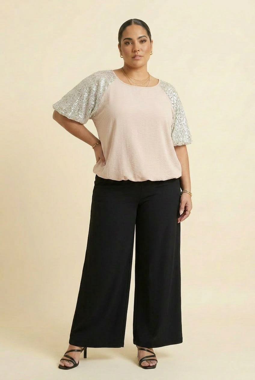 Blush Silver Sequin Sleeve Top