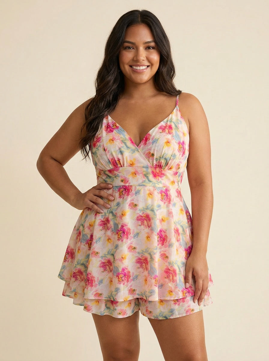 Pink Floral Ruffle Romper