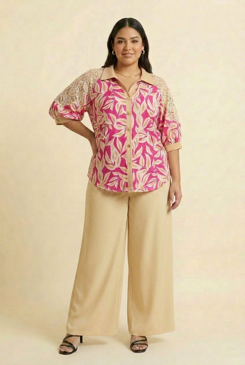 Fuchsia Tropical Lace Shoulder Shirt