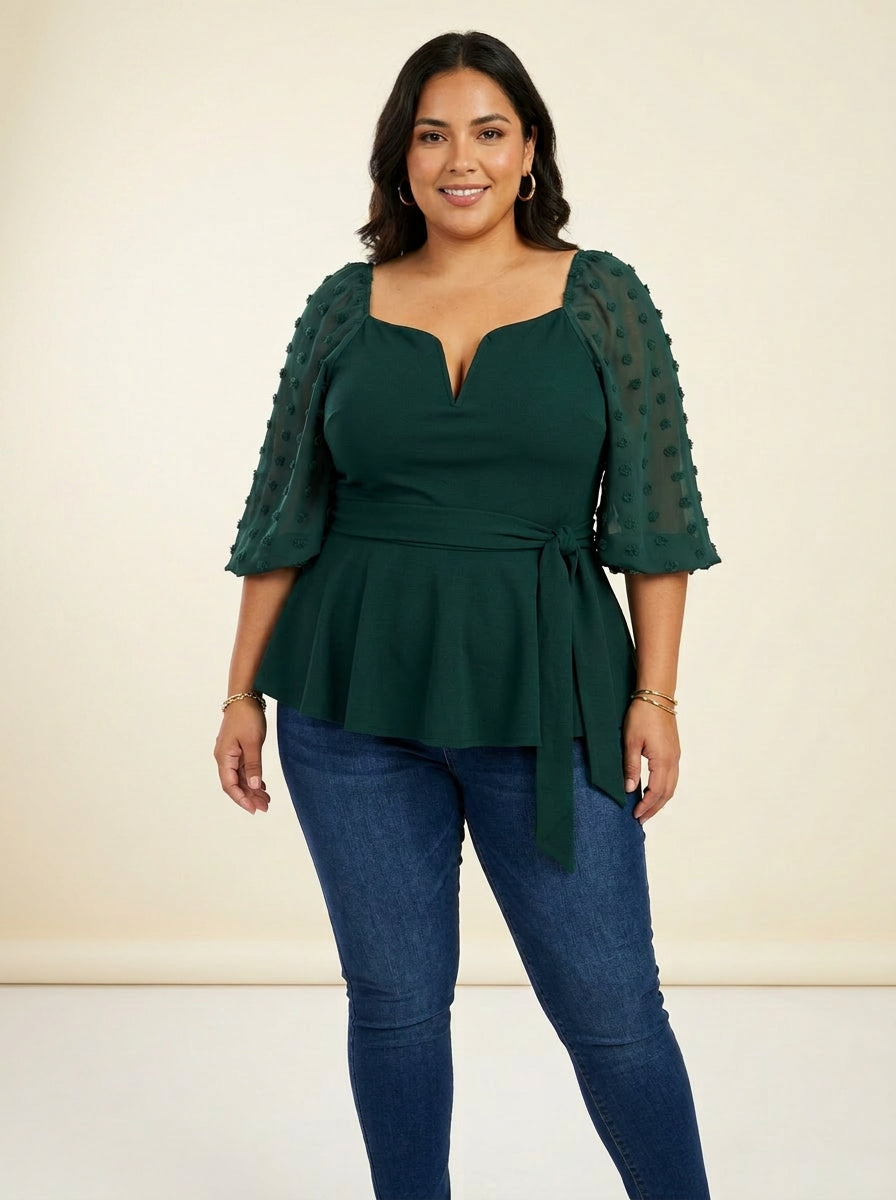 Emerald Swiss Dot Peplum Top