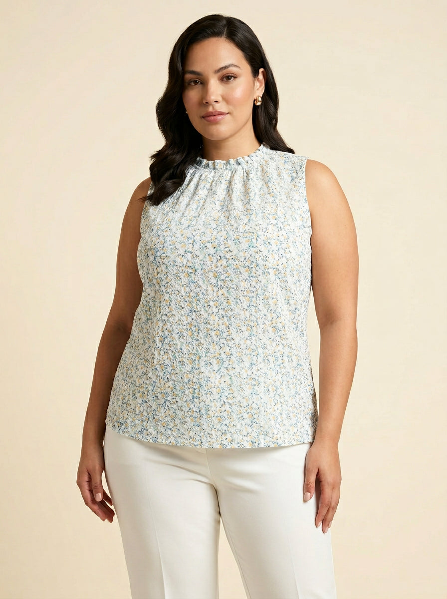Mint Floral Ruffle Neck Blouse
