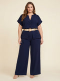 Navy Belted Wide-Leg Pants Set