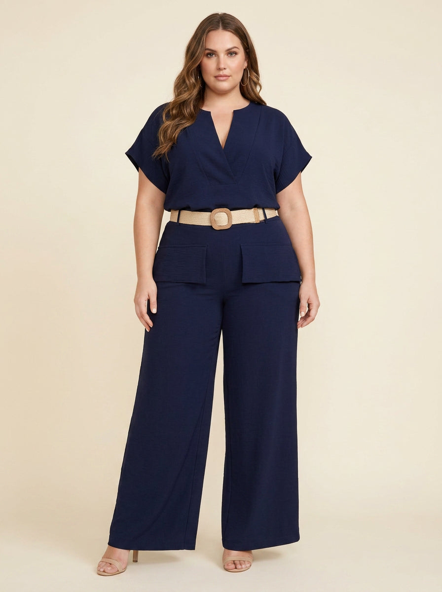 Navy Belted Wide-Leg Pants Set
