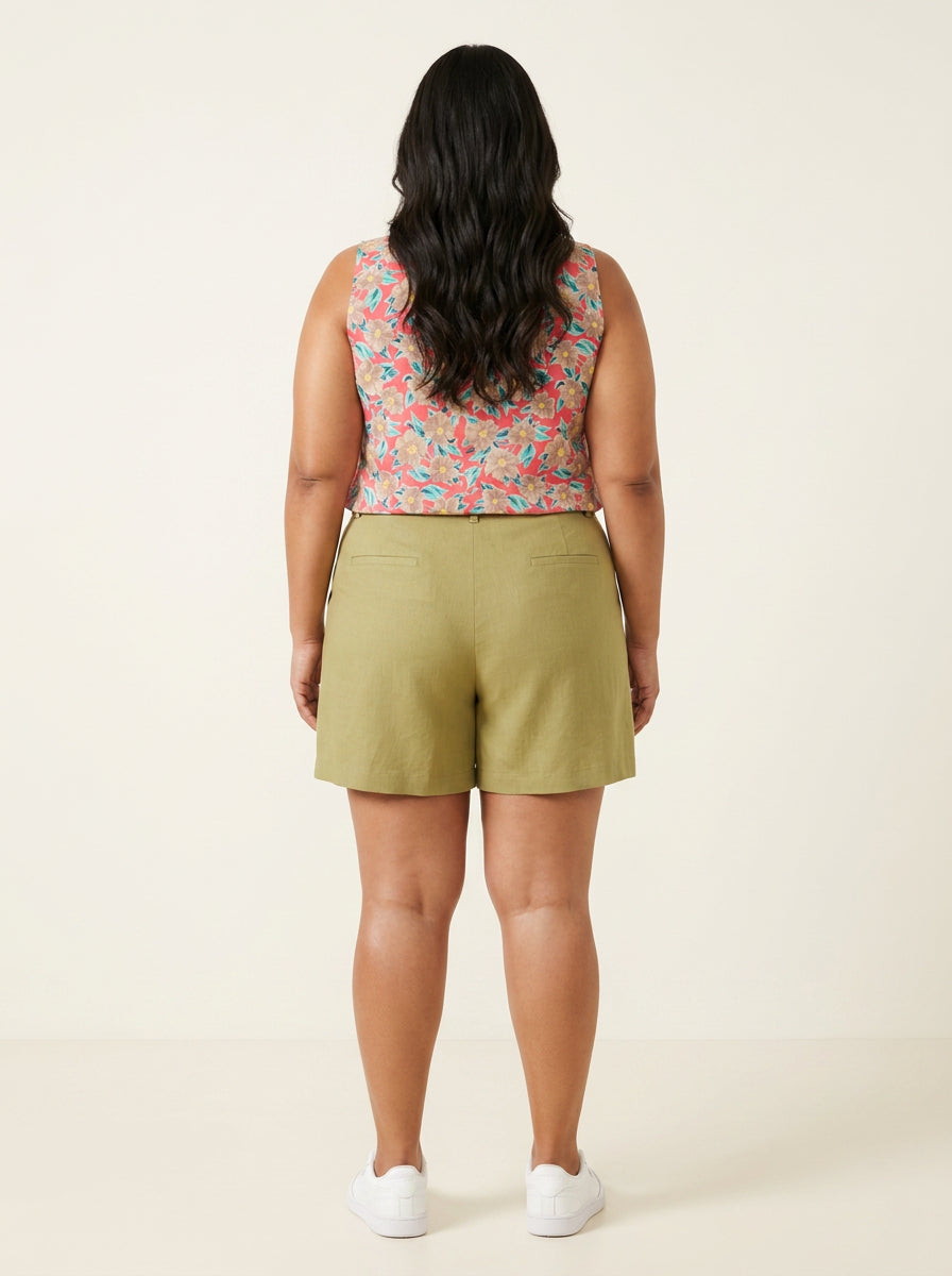 Olive linen shorts - back view