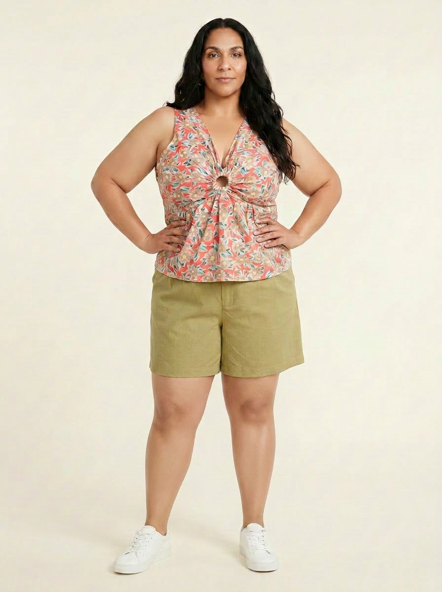 Olive linen shorts - front view