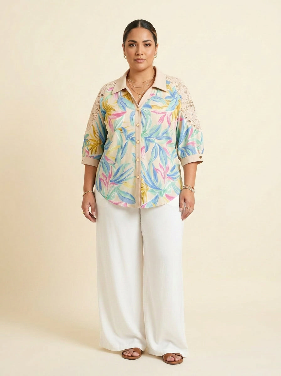 Pastel Tropical Lace Shoulder Shirt