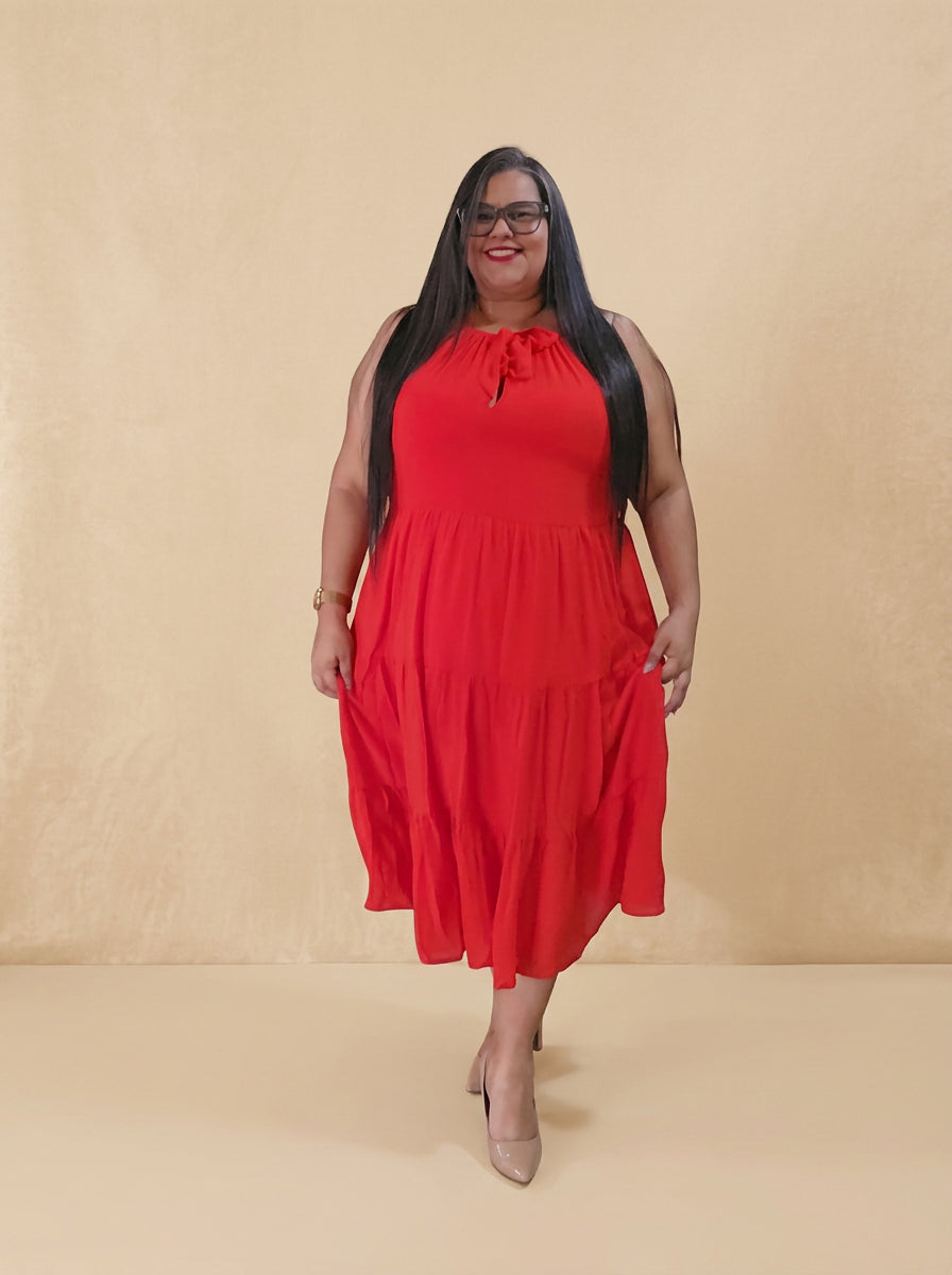 Red Halter Midi Dress