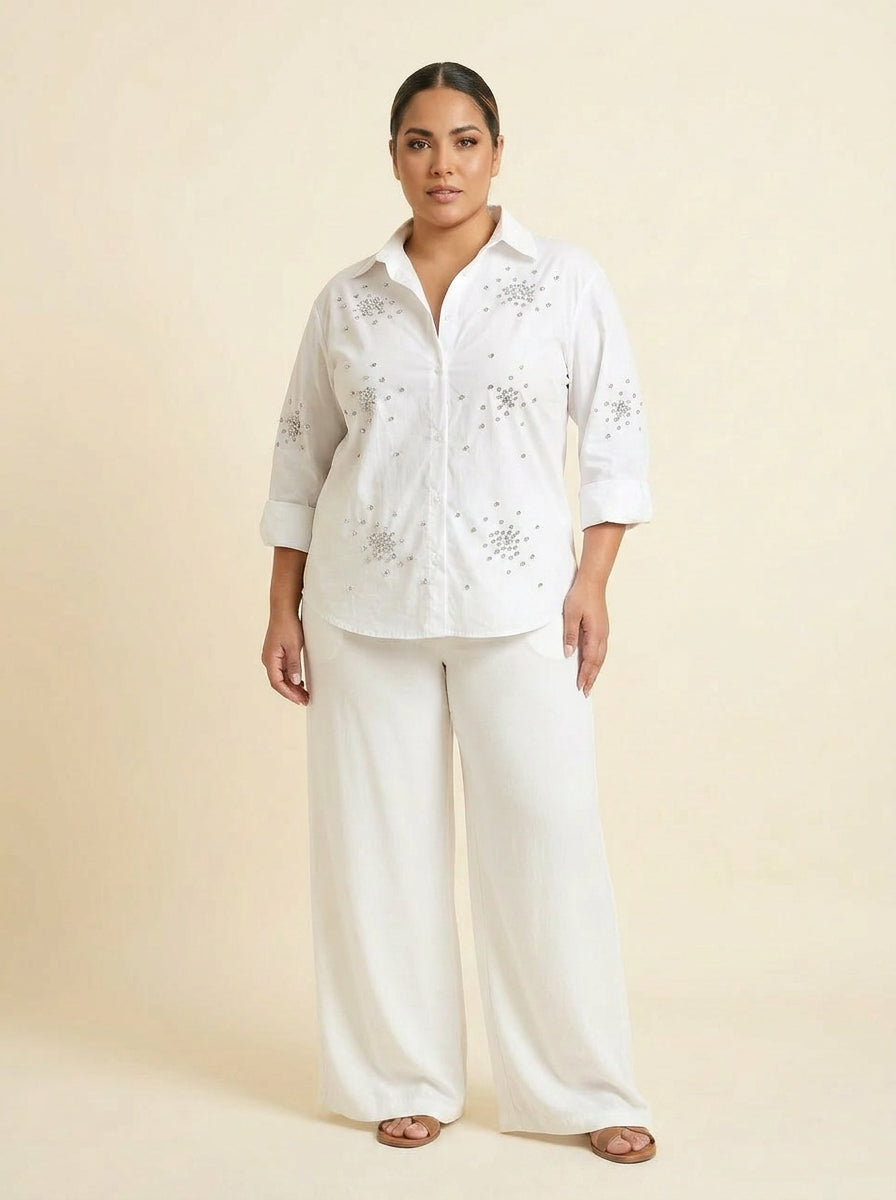 White Rhinestone Sleeve Blouse